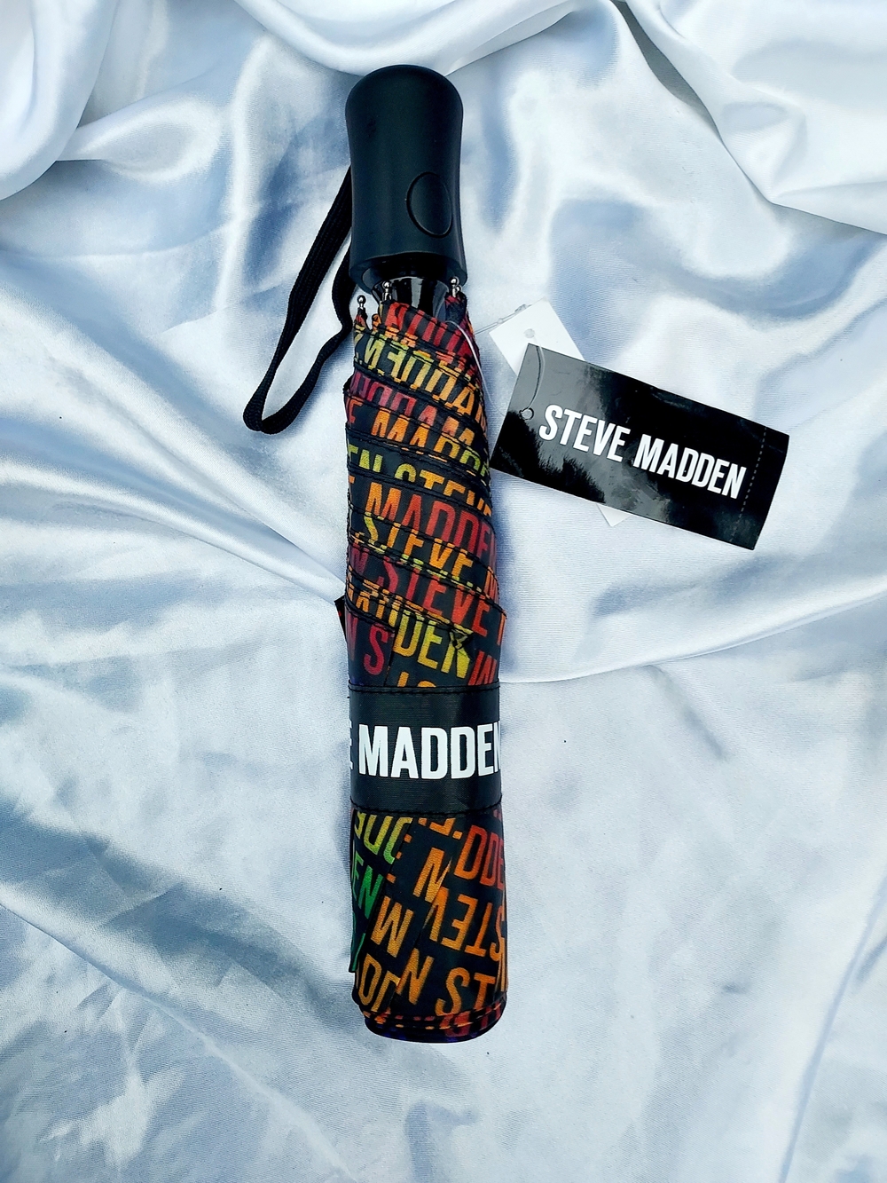 Steve Madden Black Umbrella with Multicolor Logo Print